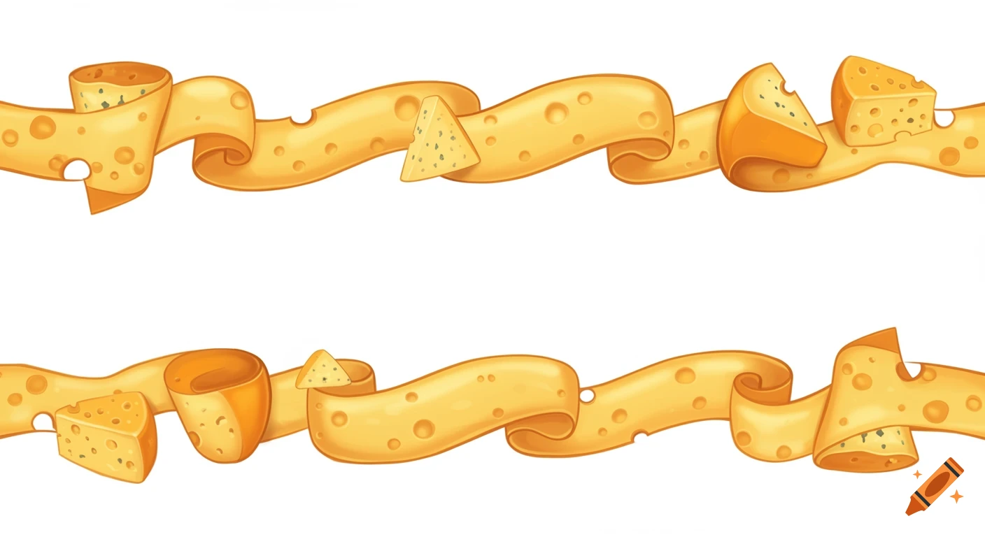 Illustrated horizontal border with wavy ribbons of Swiss cheese and various cheese pieces on a white background.