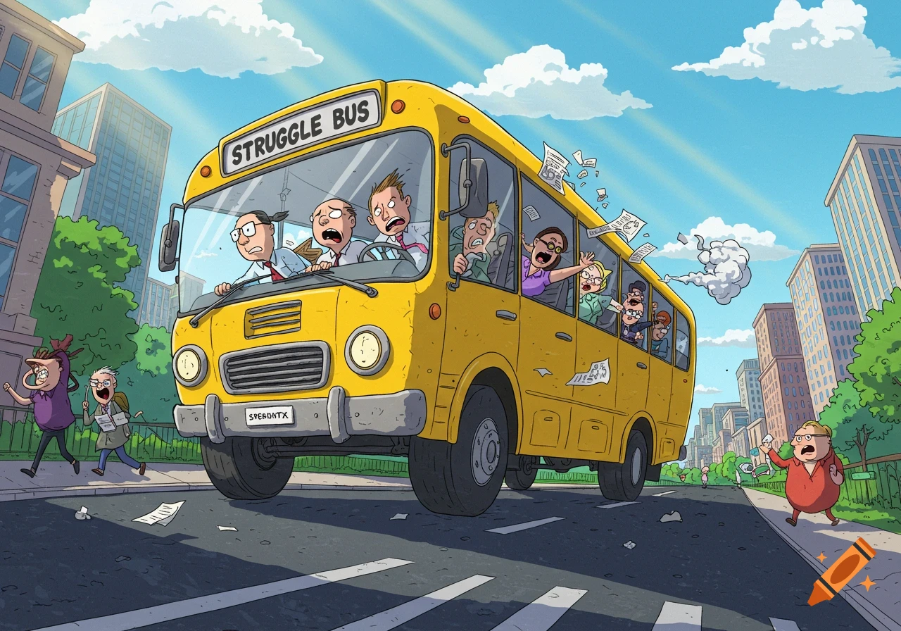 A yellow cartoon 'Struggle Bus' speeds down a city street, carrying frantic passengers and pursued by stressed people.