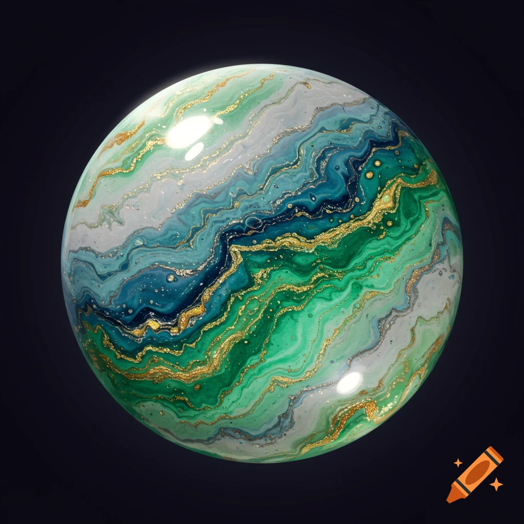 A glossy sphere with swirling patterns of green, blue, white, and gold, resembling a marbled planet.