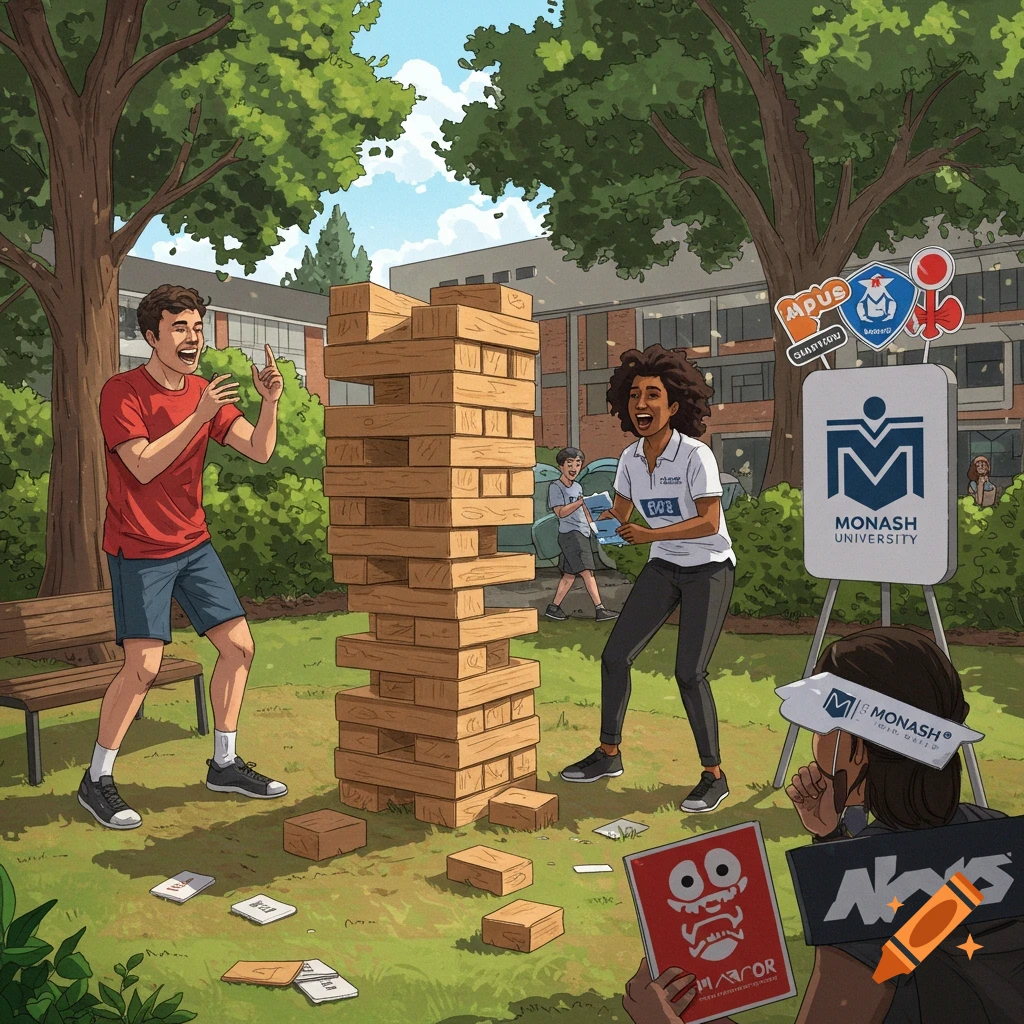 People laugh and play a giant Jenga game on a grassy university campus with large trees and buildings in the background.