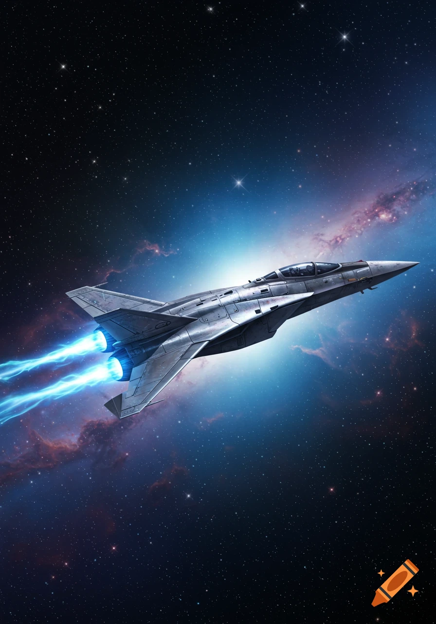 A sleek silver fighter jet with bright blue engine trails flies through a starry space with colorful nebulae.