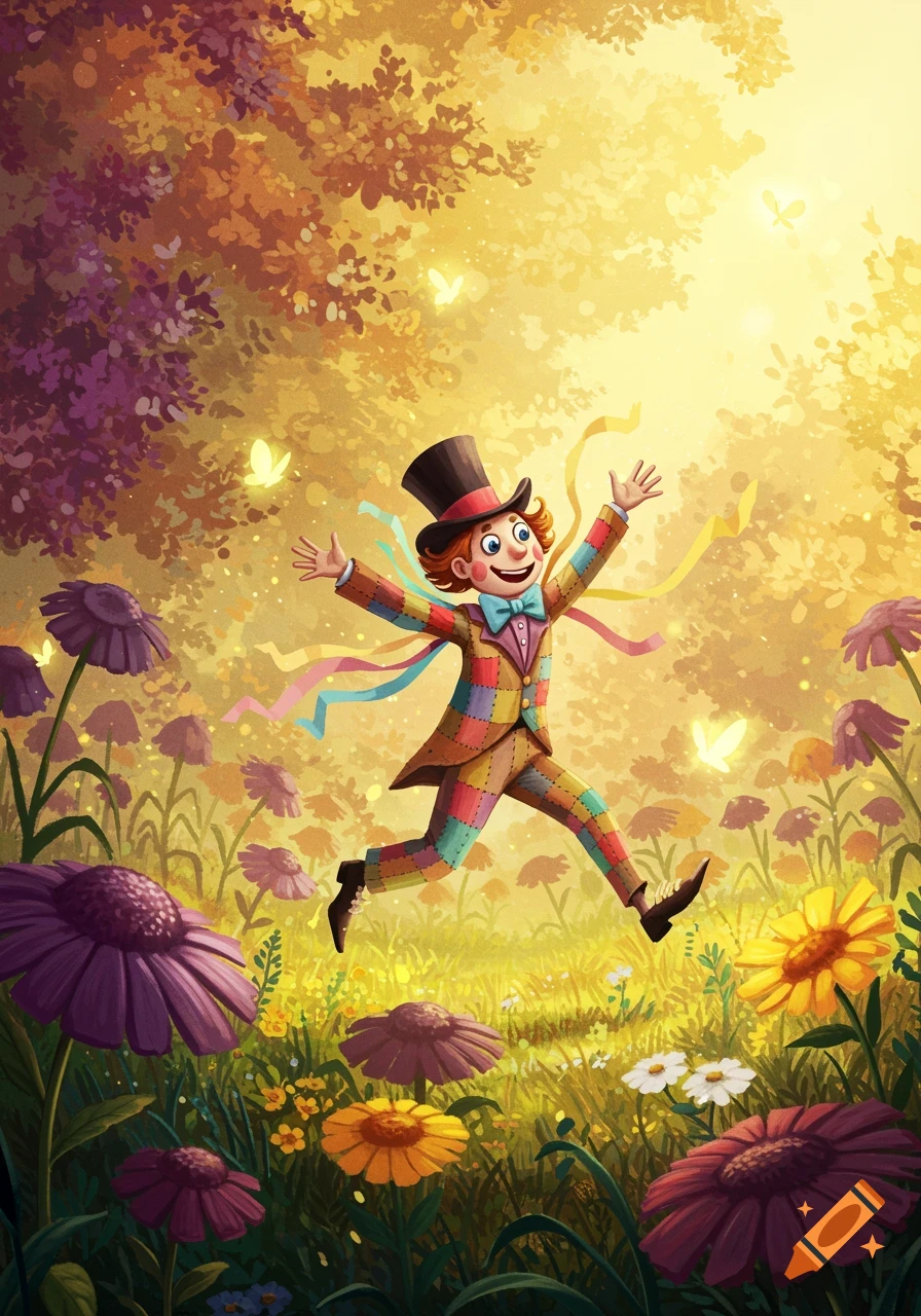 A whimsical character in a colorful patchwork suit and top hat leaps through a vibrant, sunlit field of purple and yellow flowers.