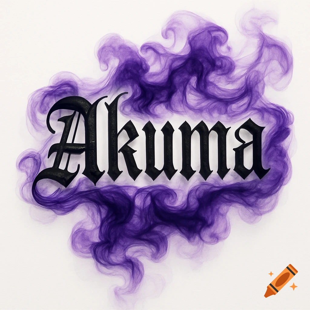 The word 'Akuma' in gothic black font surrounded by swirling purple smoke on a white background.