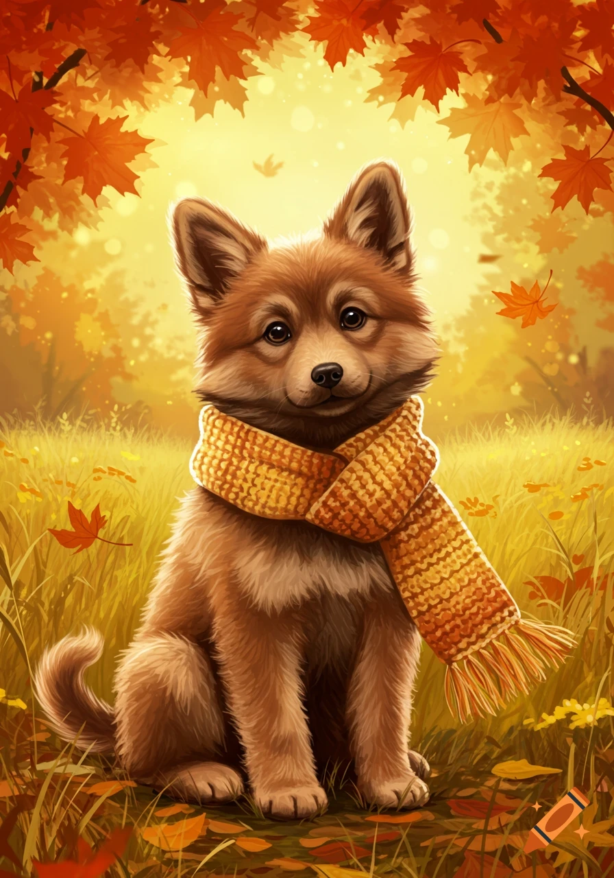 Brown puppy wearing a yellow knitted scarf sitting in an autumn field with orange maple leaves.