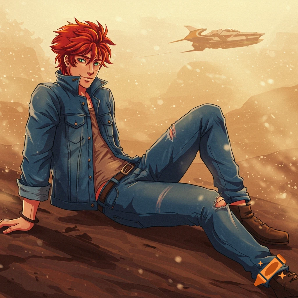 A male anime character with red hair and a denim jacket sits on the ground in a desert landscape with a spaceship flying in the background.