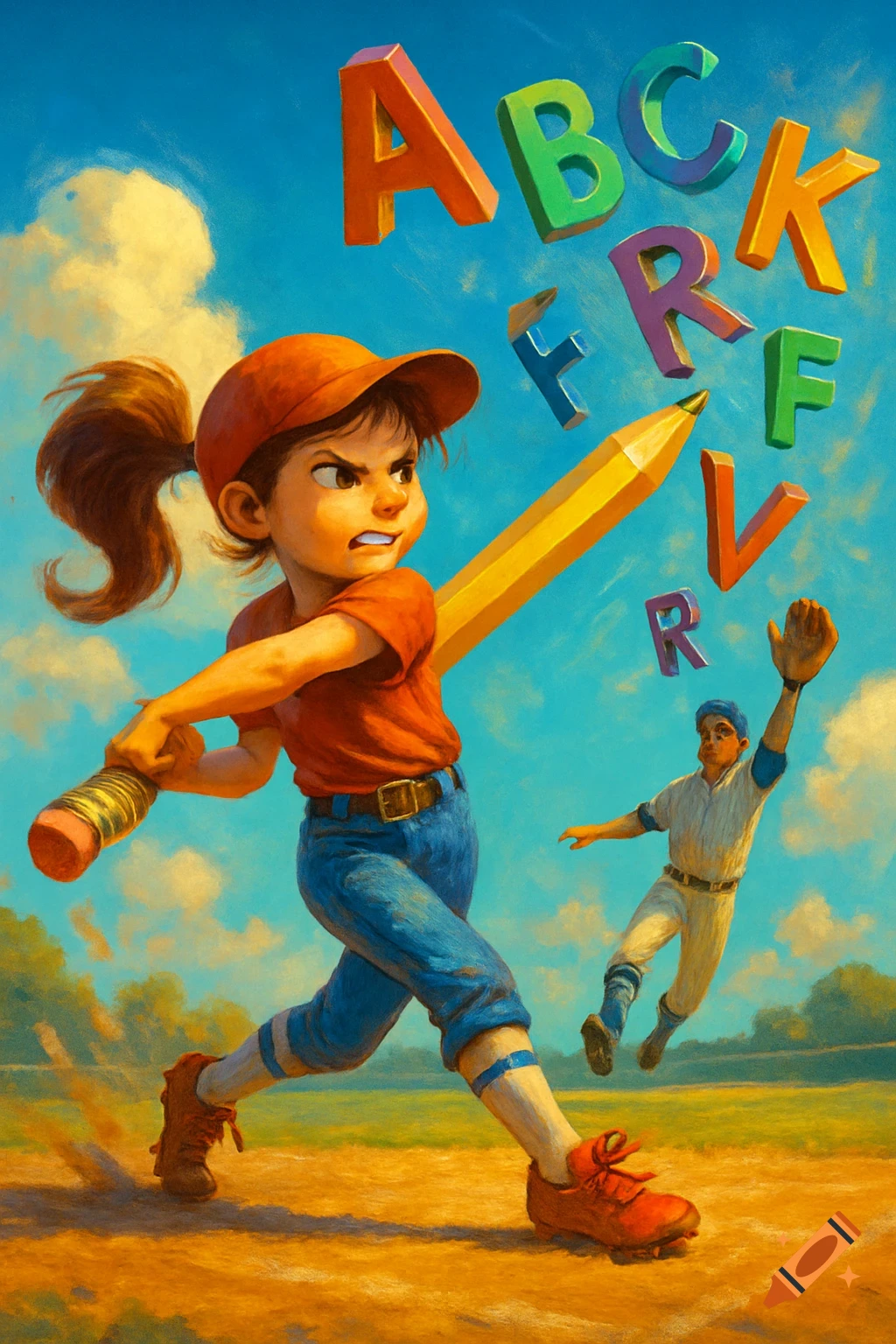 A vibrant cartoon illustration of a girl hitting colorful alphabet letters with a giant pencil bat on a baseball field.