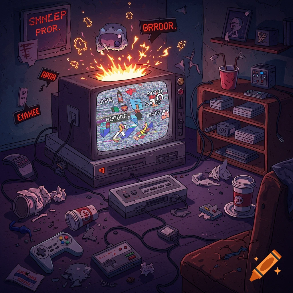 A messy room at night with a retro CRT TV exploding with sparks and displaying a glitching pixel art game.