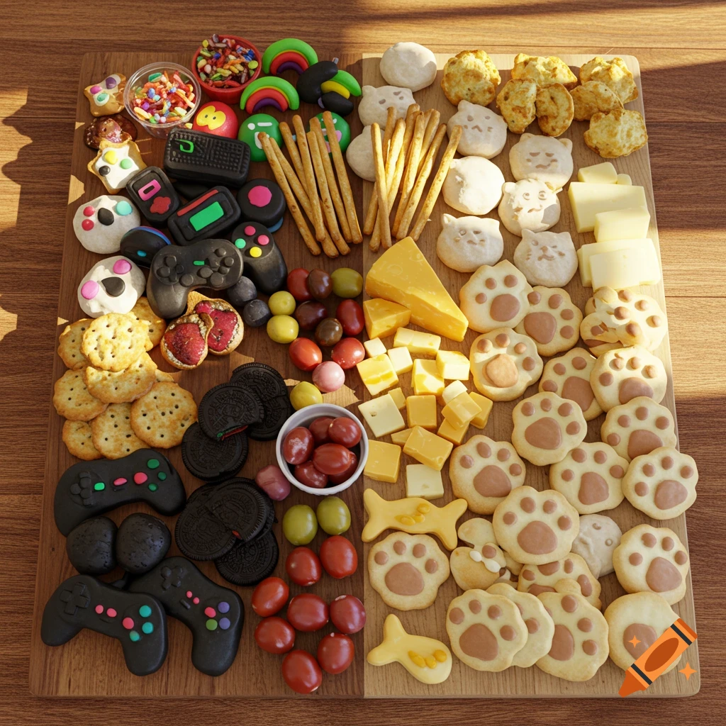 A beautifully styled charcuterie board with a gaming-themed left half and a cat-themed right half, on a rustic wooden table.