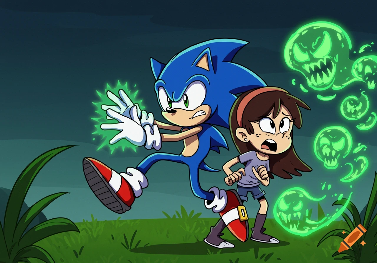 Sonic the Hedgehog protects Sid Chang from glowing green ghost creatures in a cartoon style, in a dark grassy area.