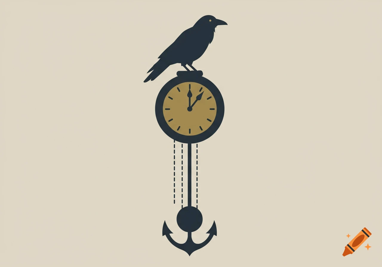 A minimalist illustration of a dark crow perched on a clock, which has an anchor as its pendulum.