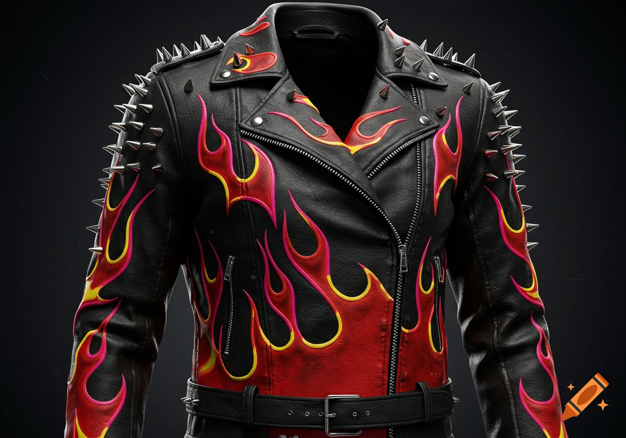 Black leather jacket with red and pink flames outlined in yellow, adorned with silver spike studs on the shoulders and arms.