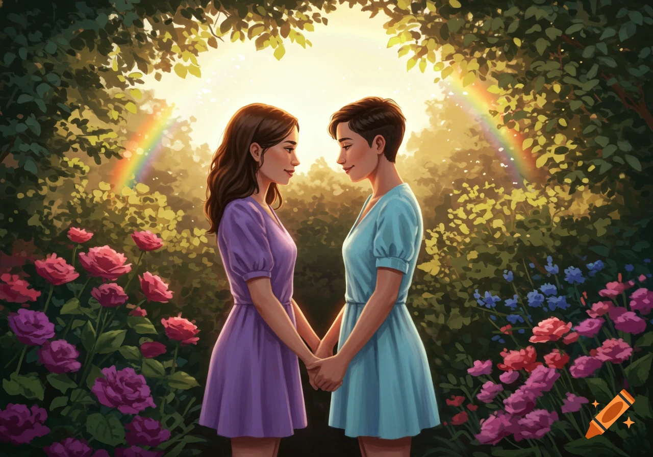 Two women hold hands and gaze at each other in a lush, sunlit garden with a rainbow and blooming flowers.
