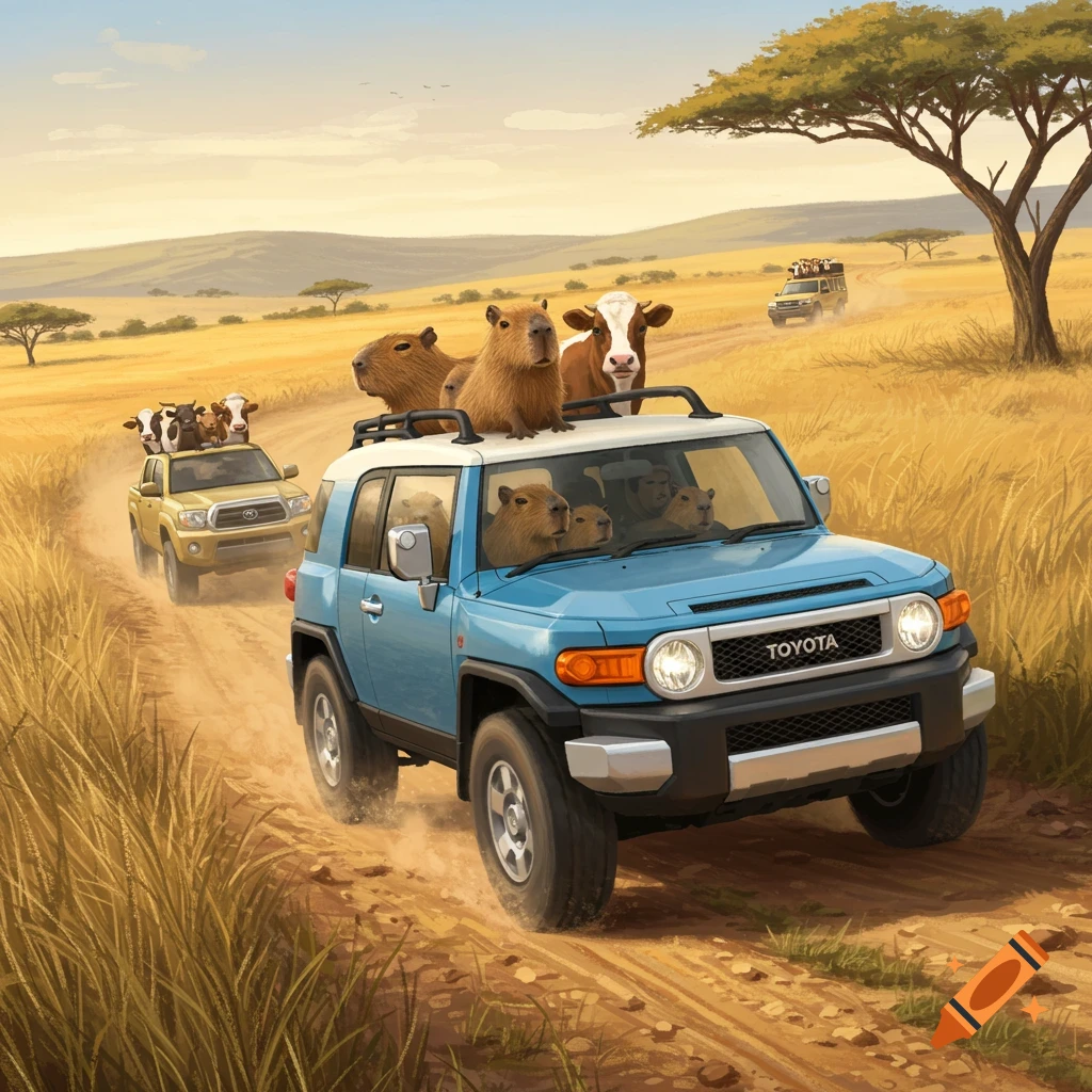 A blue Toyota FJ Cruiser with capybaras inside and on its roof drives on a dirt trail, followed by yellow Toyota Tacomas carrying cows in a sunny, dry savanna landscape.