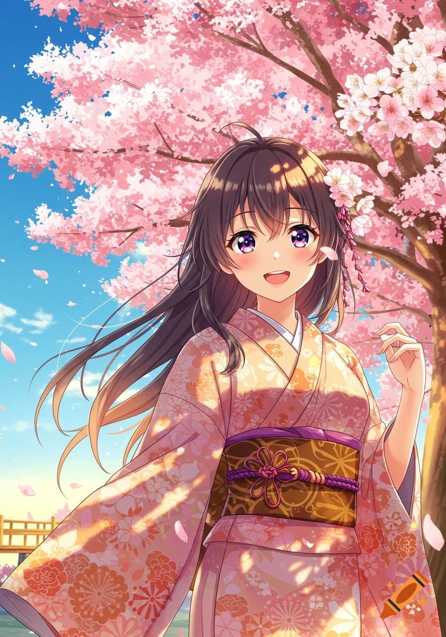 An anime girl in a pink floral kimono smiles under a vibrant pink cherry blossom tree with petals falling.