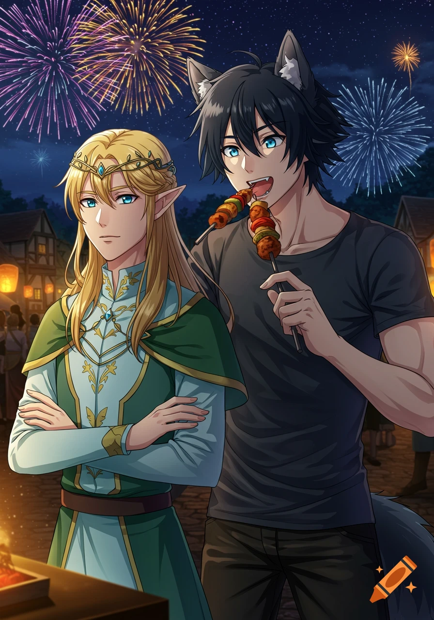 Anime-style elf prince and wolf-boy eating kebabs at a nighttime festival with fireworks.