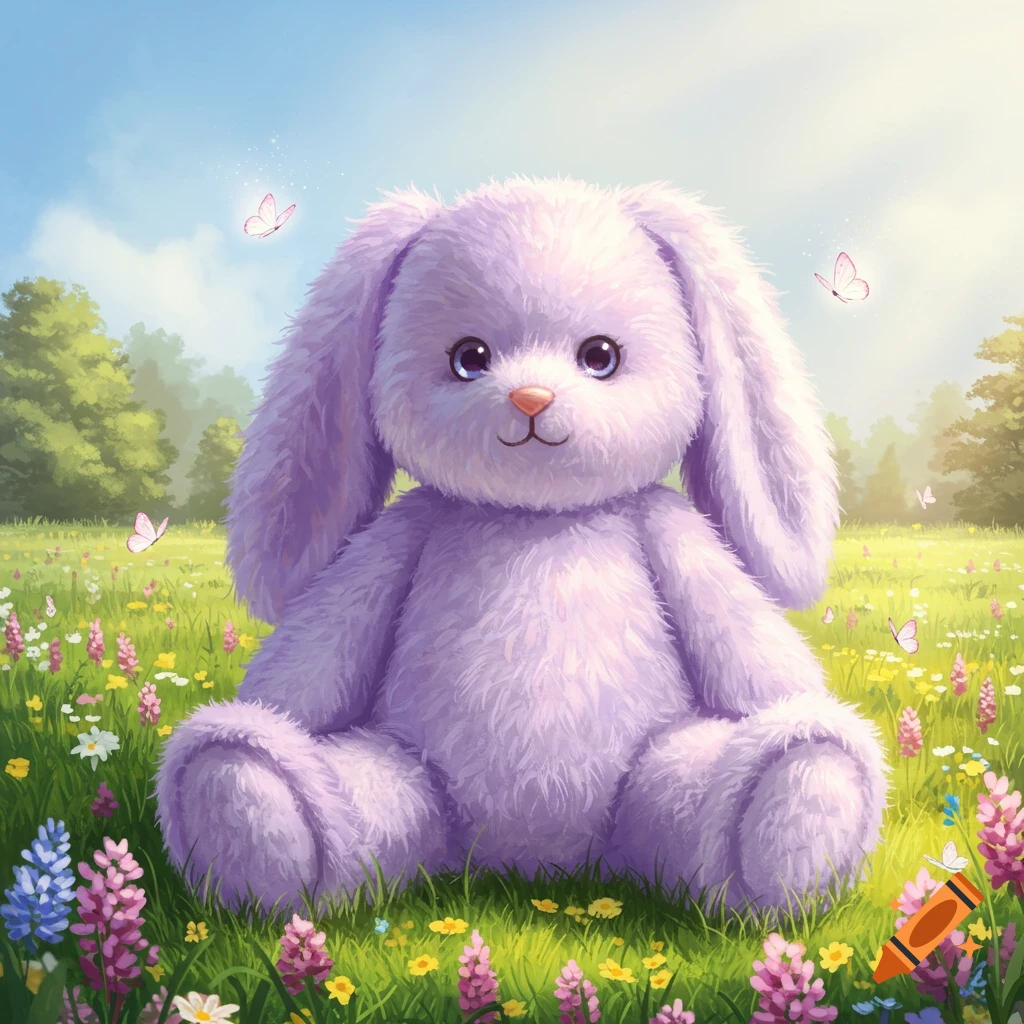 A fluffy lavender bunny stuffed animal sits in a vibrant green field filled with colorful wildflowers and butterflies under a blue sky.