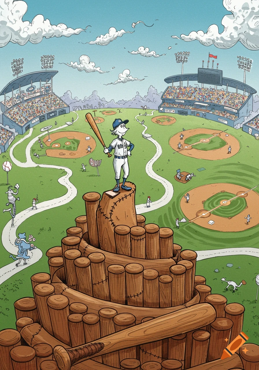A Dr. Seuss-style illustration of a character in a baseball uniform standing on a spiraling hill made of bats, overlooking whimsical baseball fields.