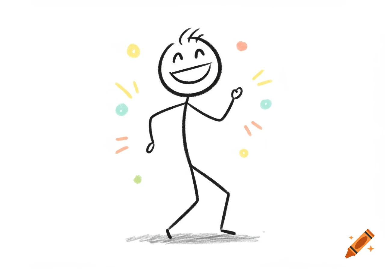 A smiling stick figure with arms raised, surrounded by colorful dots and short lines, in a simple sketch style.