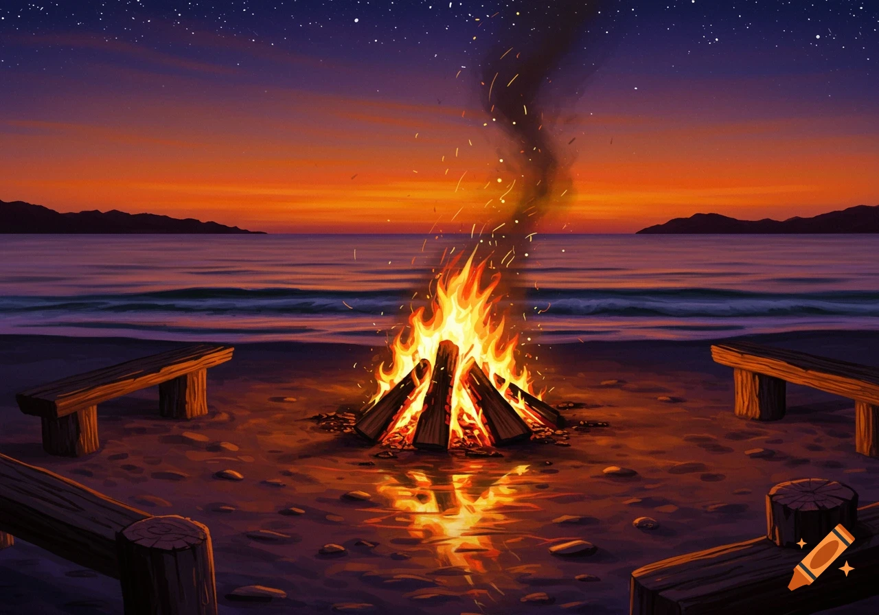 A vibrant digital painting of a bonfire on a beach at sunset, with a starry sky and ocean waves. Two wooden benches sit near the fire.