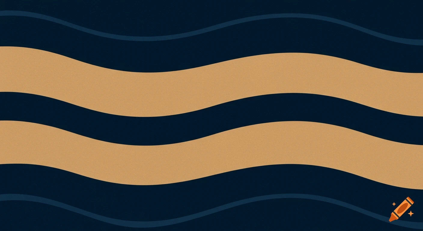 Minimalist abstract pattern of flowing horizontal wavy stripes in dark navy blue and sand colors with a subtle grain texture.