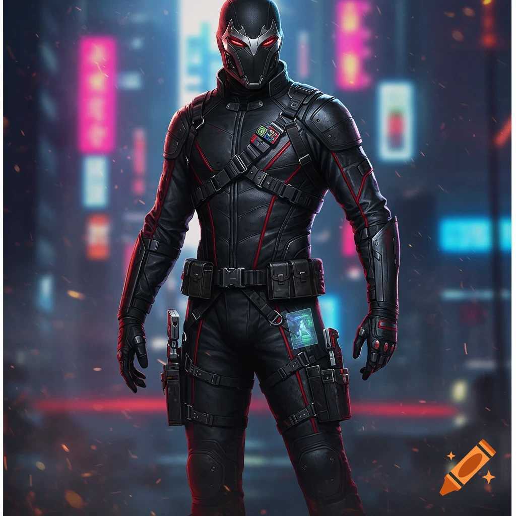 A masked figure in a black and red tactical suit stands on a cyberpunk street at night, illuminated by neon lights.