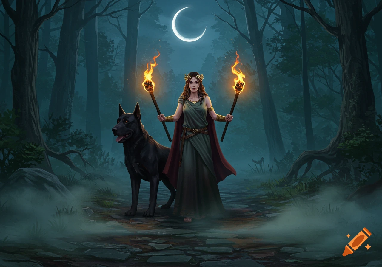 Hecate holding torches with a black guard dog in a dark, misty forest under a crescent moon, digital art.