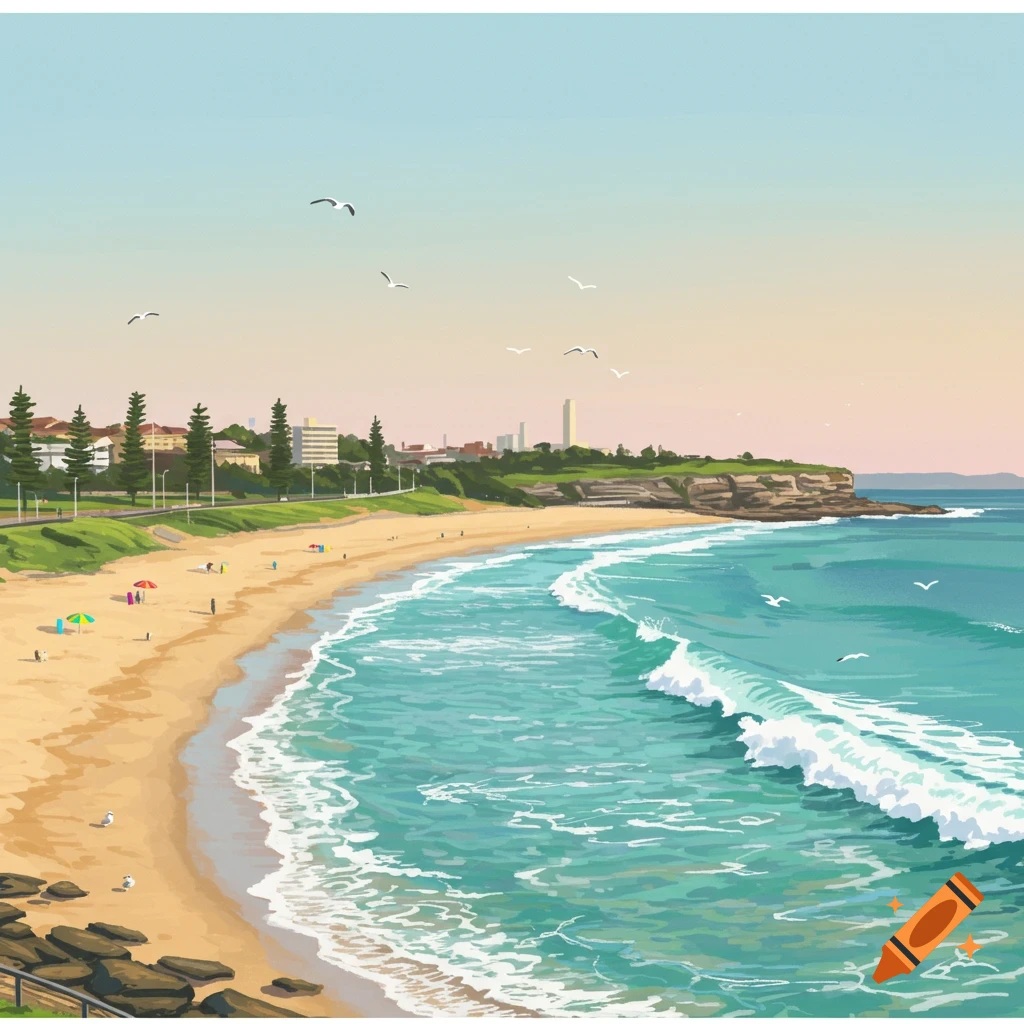 Stylized illustration of a beach with turquoise waves crashing on the sand, people, beach umbrellas, and a distant city skyline under a clear sky.
