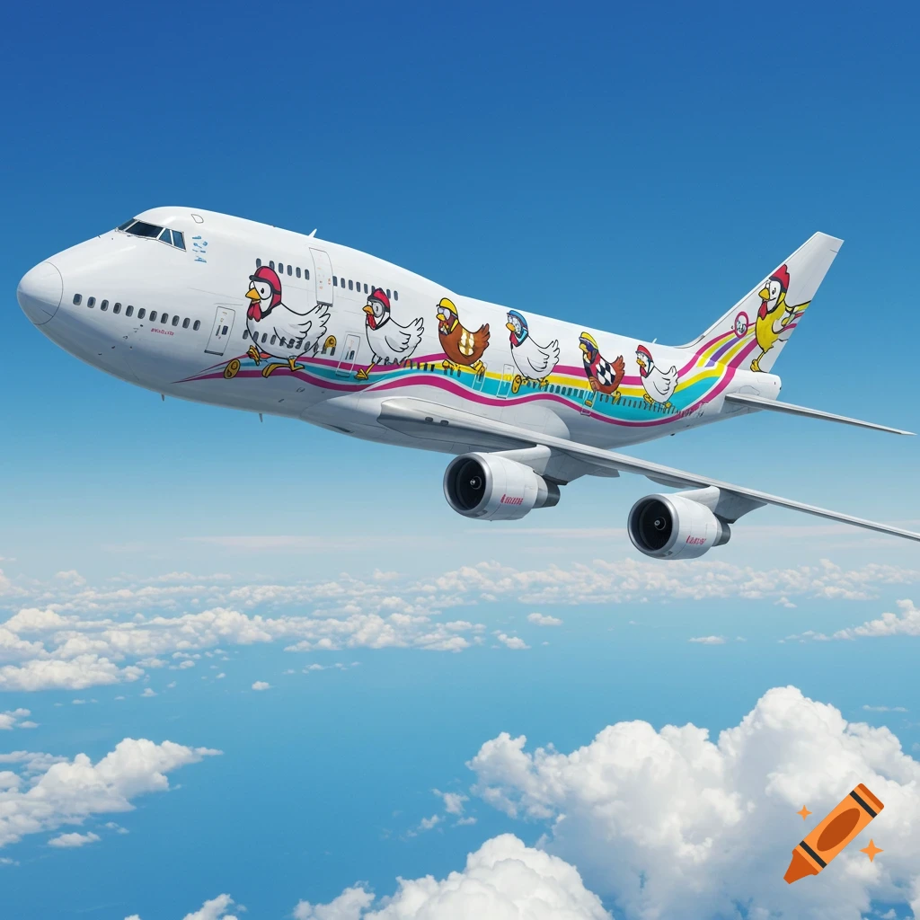 A Boeing 747 airplane with a colorful chicken jockey livery flying through a blue sky with clouds.