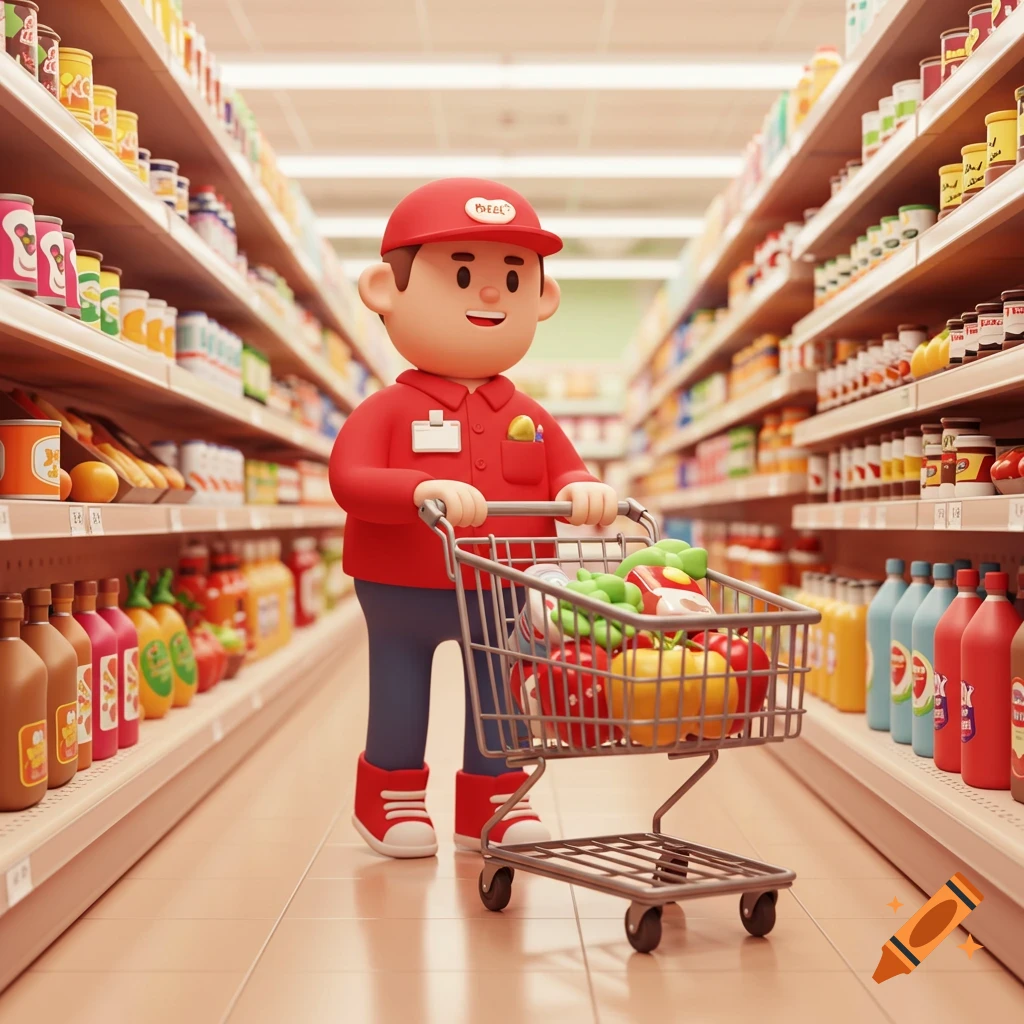 3D cartoon supermarket employee in a red uniform pushing a grocery cart filled with colorful produce down an aisle.
