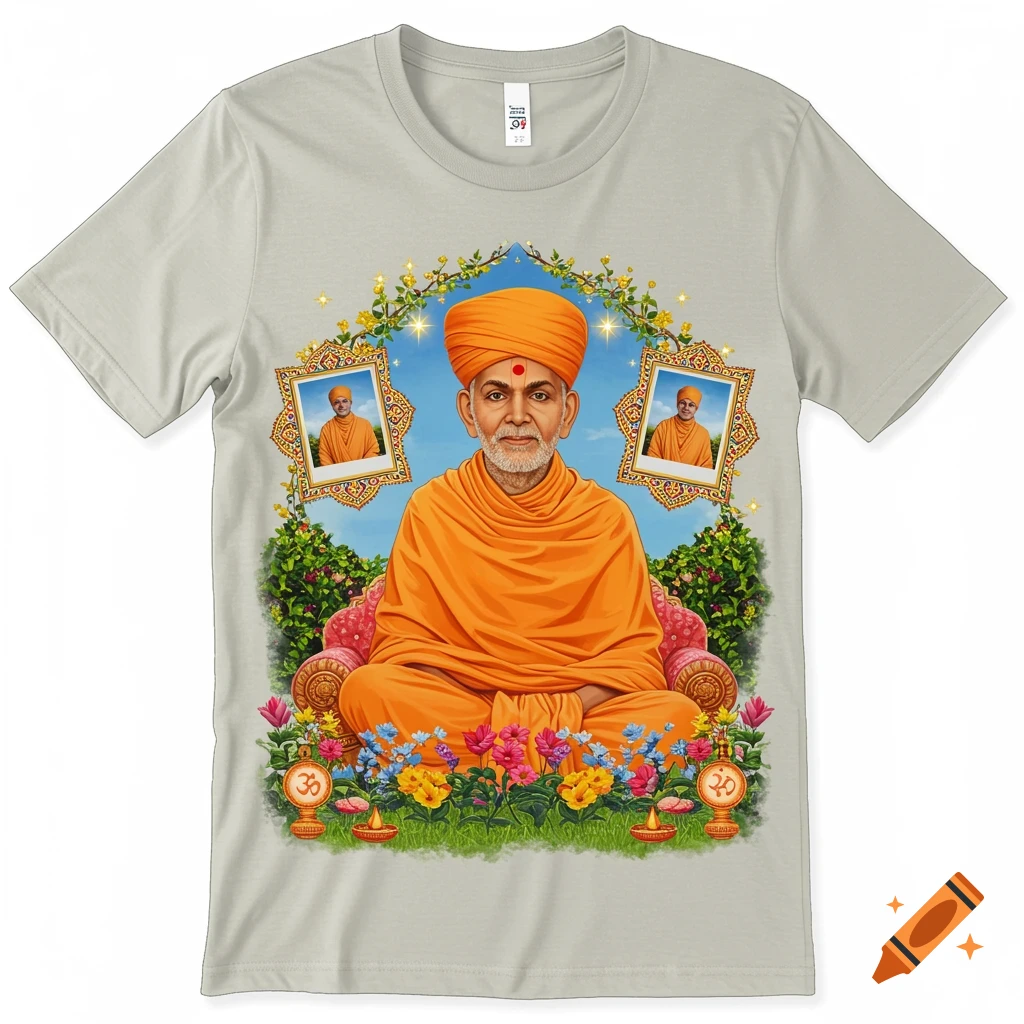 A T-shirt design featuring a spiritual leader in orange robes, seated meditatively in a vibrant garden with flowers, framed by floral arches, against a blue sky. Divine symbols are present.