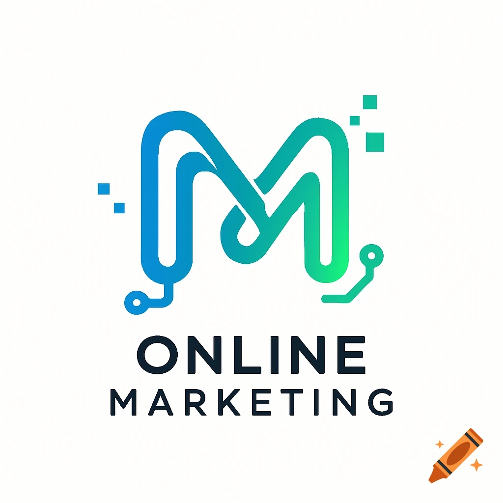 A blue and green gradient logo shaped like the letter M with circuit board elements, and the words 'ONLINE MARKETING' below.