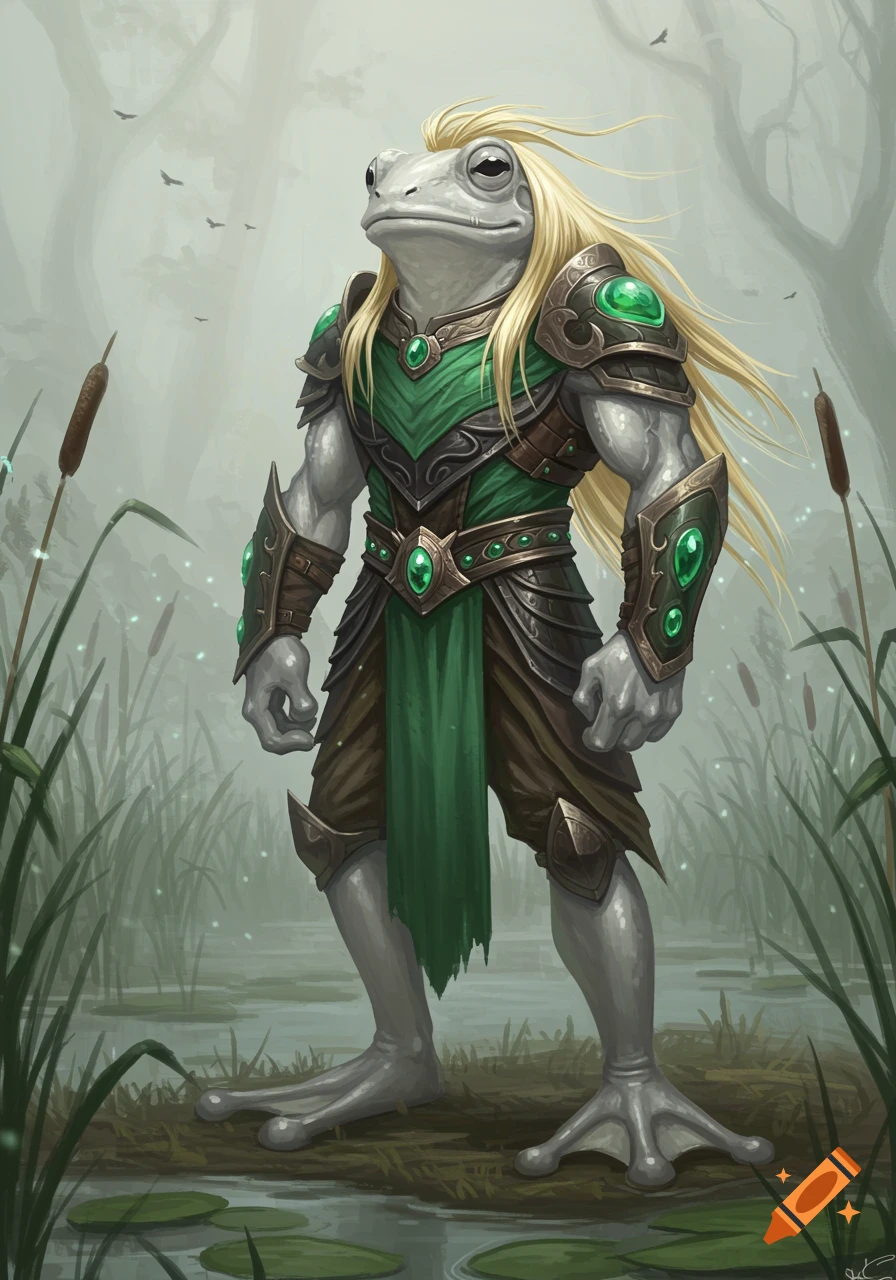A tall, light gray frog warrior with long blonde hair and green and brown armor stands in a misty swamp with lily pads and reeds. Digital painting.