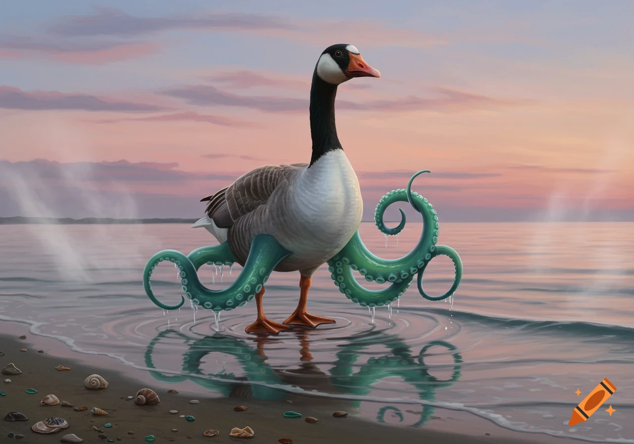 A photorealistic goose with green octopus tentacles for legs stands in shallow water on a beach at sunset.