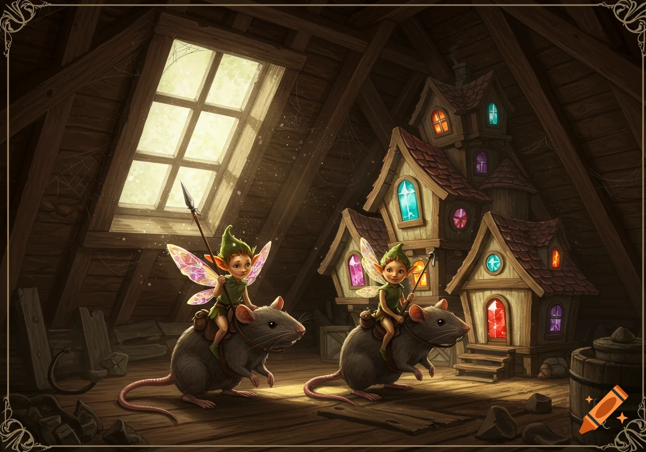 Two tiny, winged sprites ride large rats through a rustic attic, past a miniature village of houses with glowing gem windows.