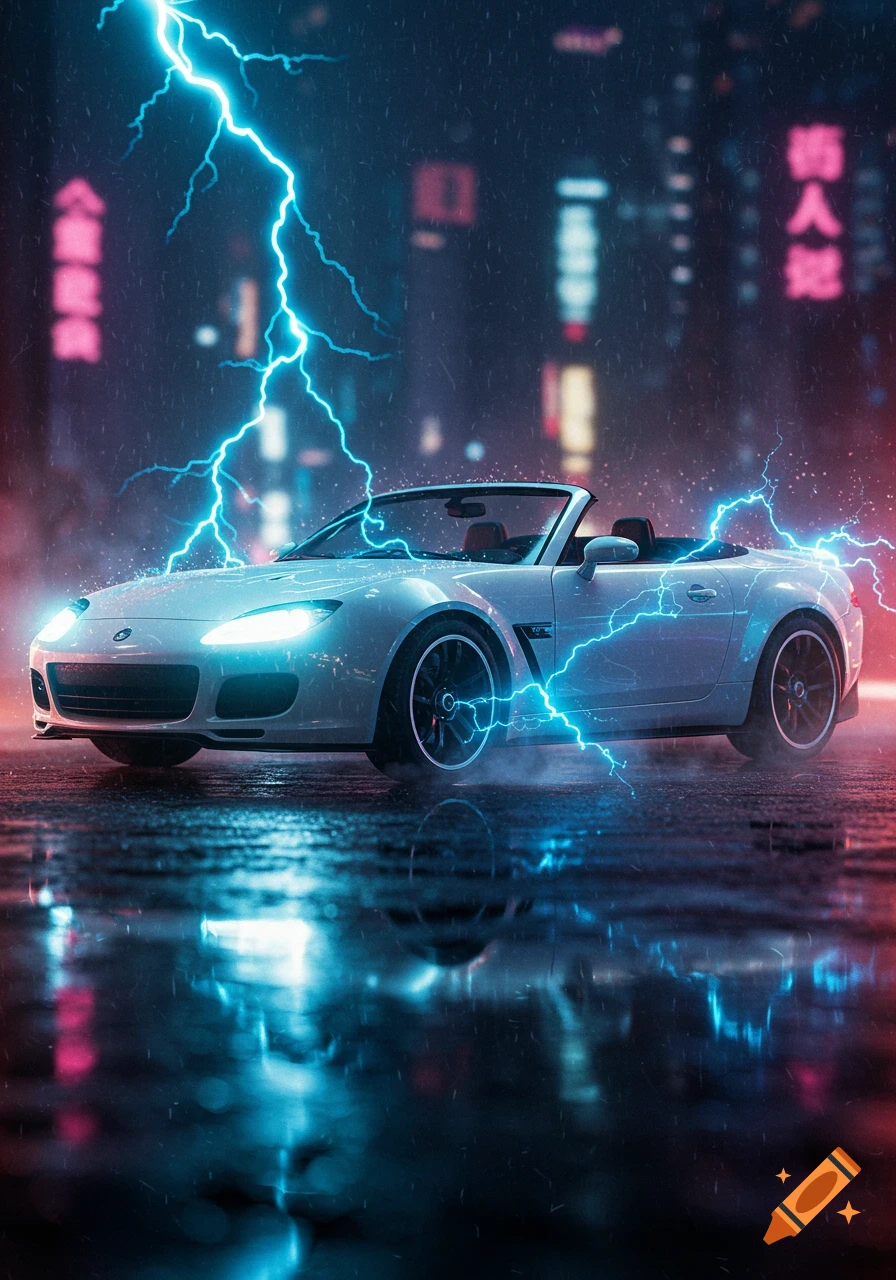 A white convertible sports car with glowing blue lightning bolts around it, driving on a wet city street at night under heavy rain, with neon-lit buildings in the background.