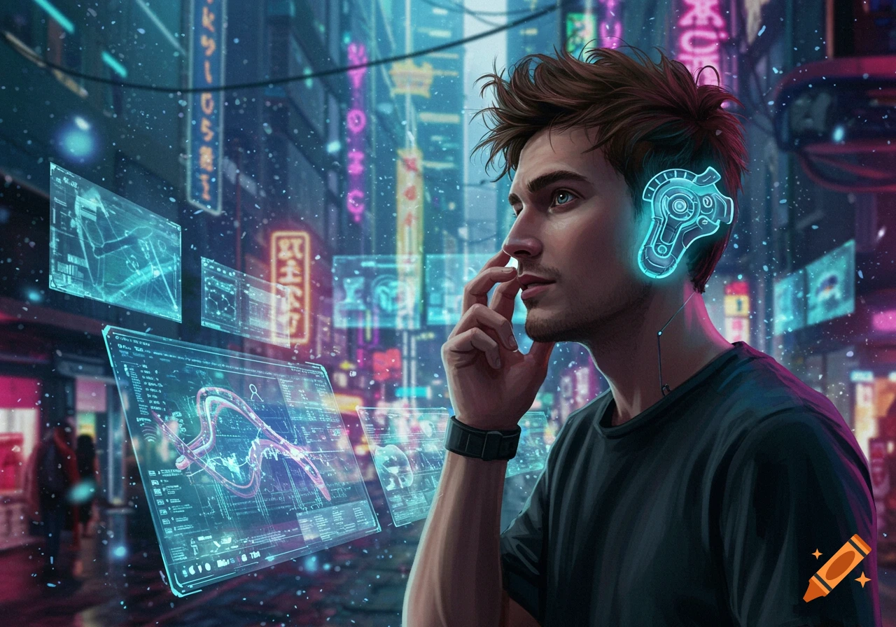 A man with a glowing ear device interacts with multiple holographic displays showing data in a vibrant, neon-lit cyberpunk city.