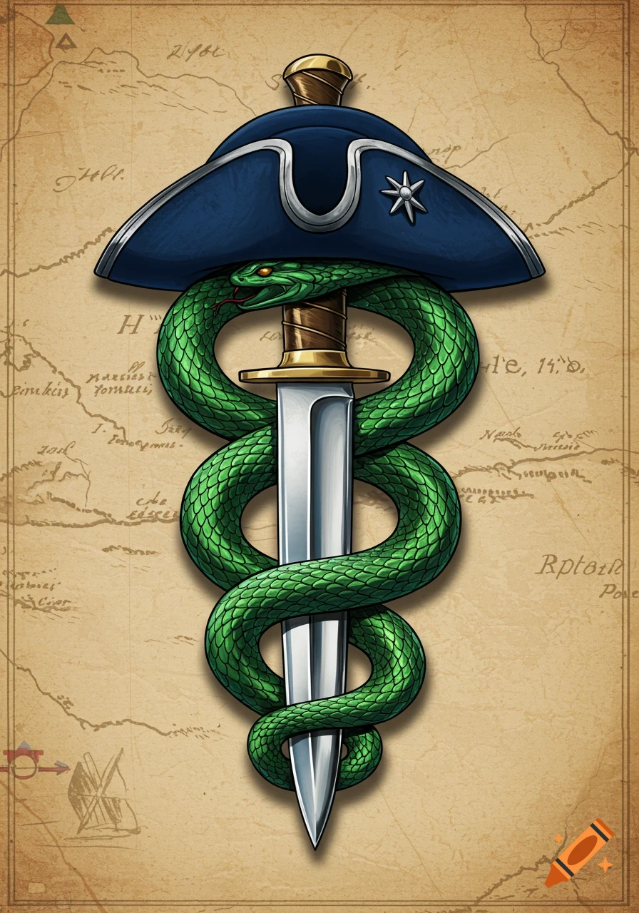 A green snake wrapped around a silver bowie knife, topped by a blue tricorn hat, all on an old map background.