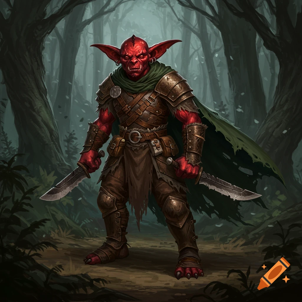A red-skinned hobgoblin in leather armor and a green cloak stands in a dark forest, holding two large knives.