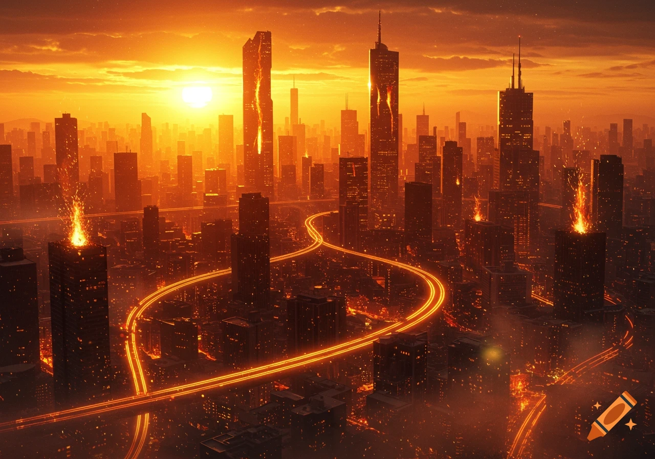 A vibrant golden cityscape at sunset with fiery eruptions on buildings and glowing light trails on roads.