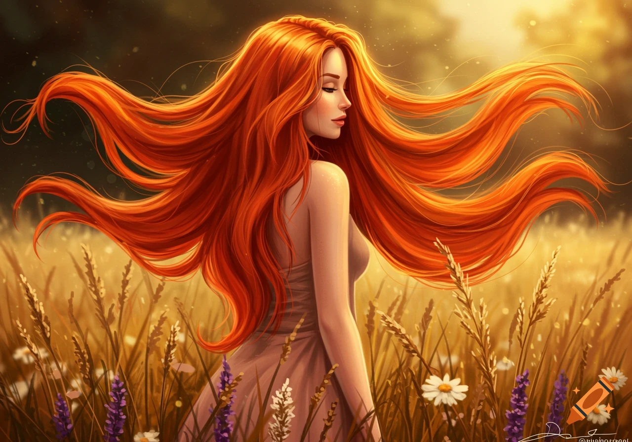 A stylized portrait of a woman with flowing, fiery red hair standing in a sunlit field with tall grasses and wildflowers.