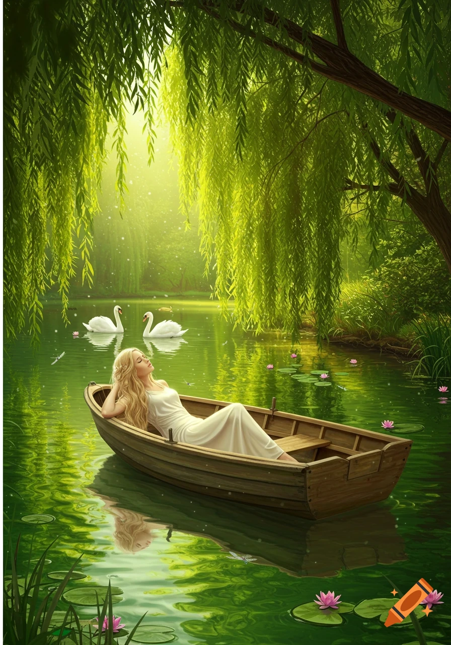 A blonde woman in a white dress lies peacefully in a wooden boat on a serene green lake, surrounded by weeping willow trees and swans.