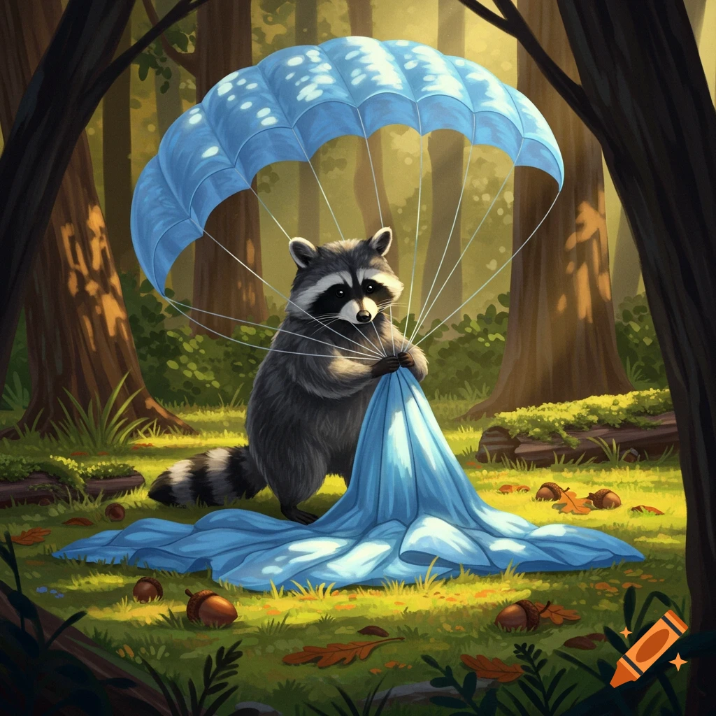 A cartoon raccoon in a forest holds a blue parachute on the ground.
