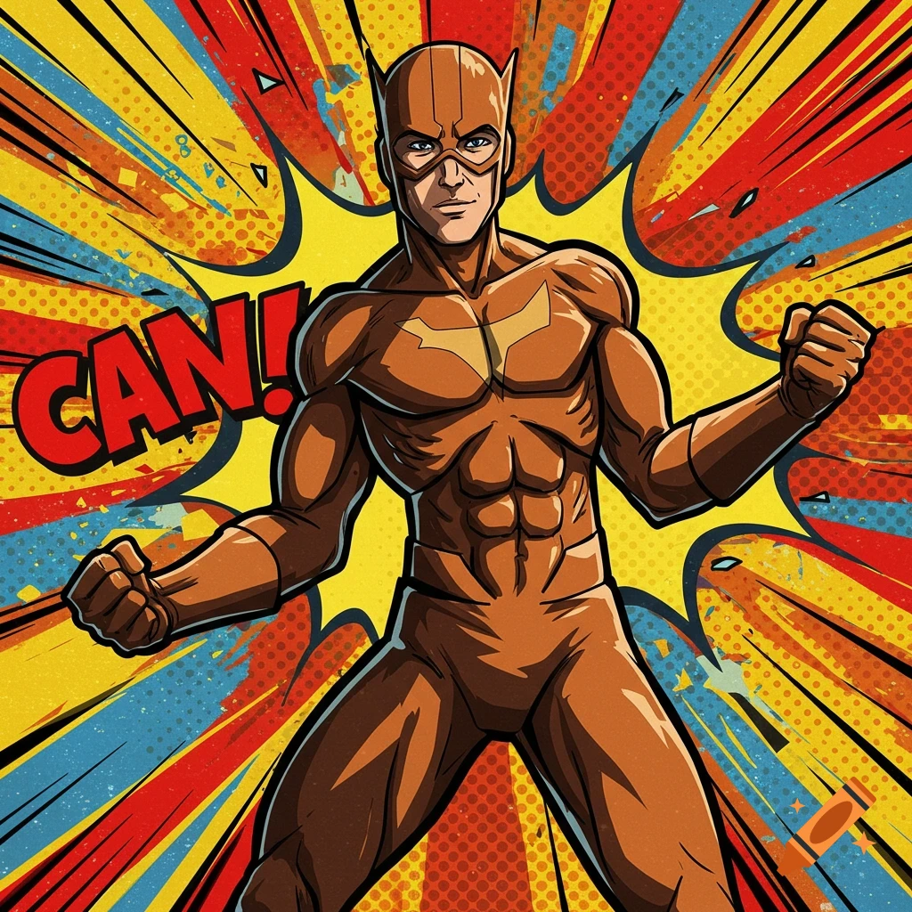 A muscular superhero in a brown suit and mask stands with clenched fists, in a comic book pop art style with a burst background and 'CAN!' text.