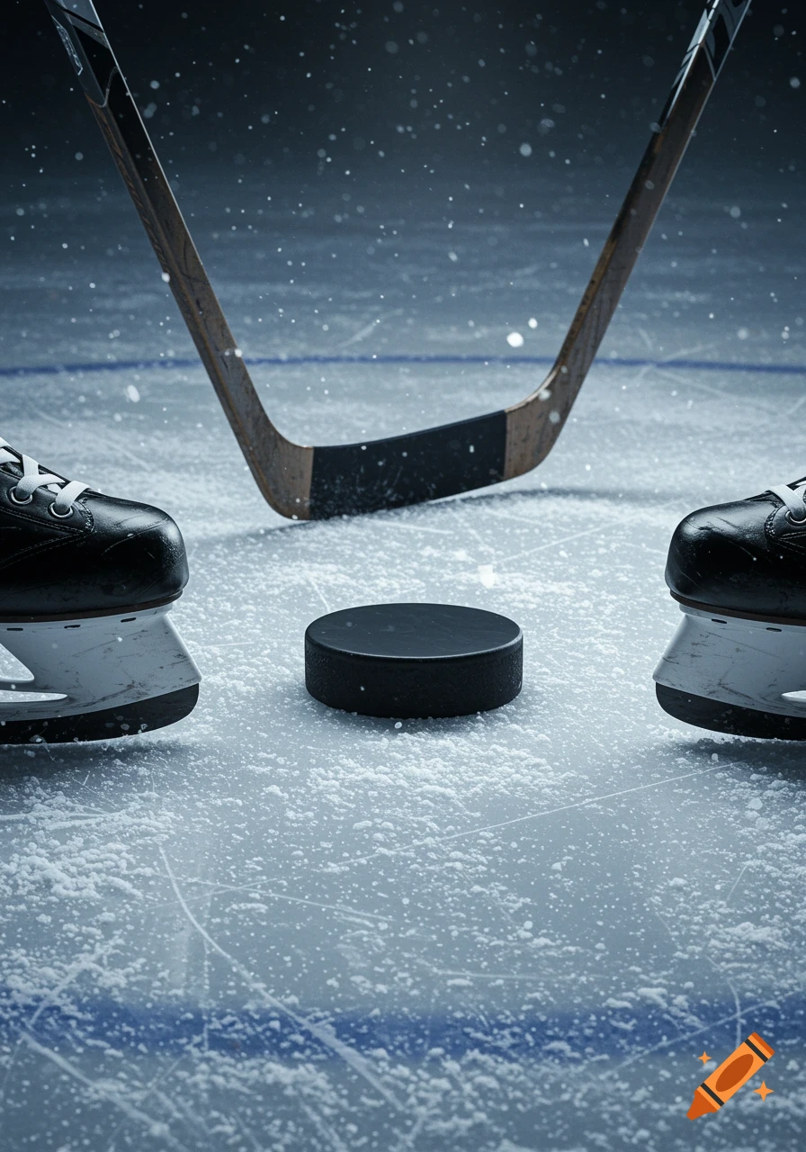 Close-up of hockey skates, sticks, and a puck on an icy rink.