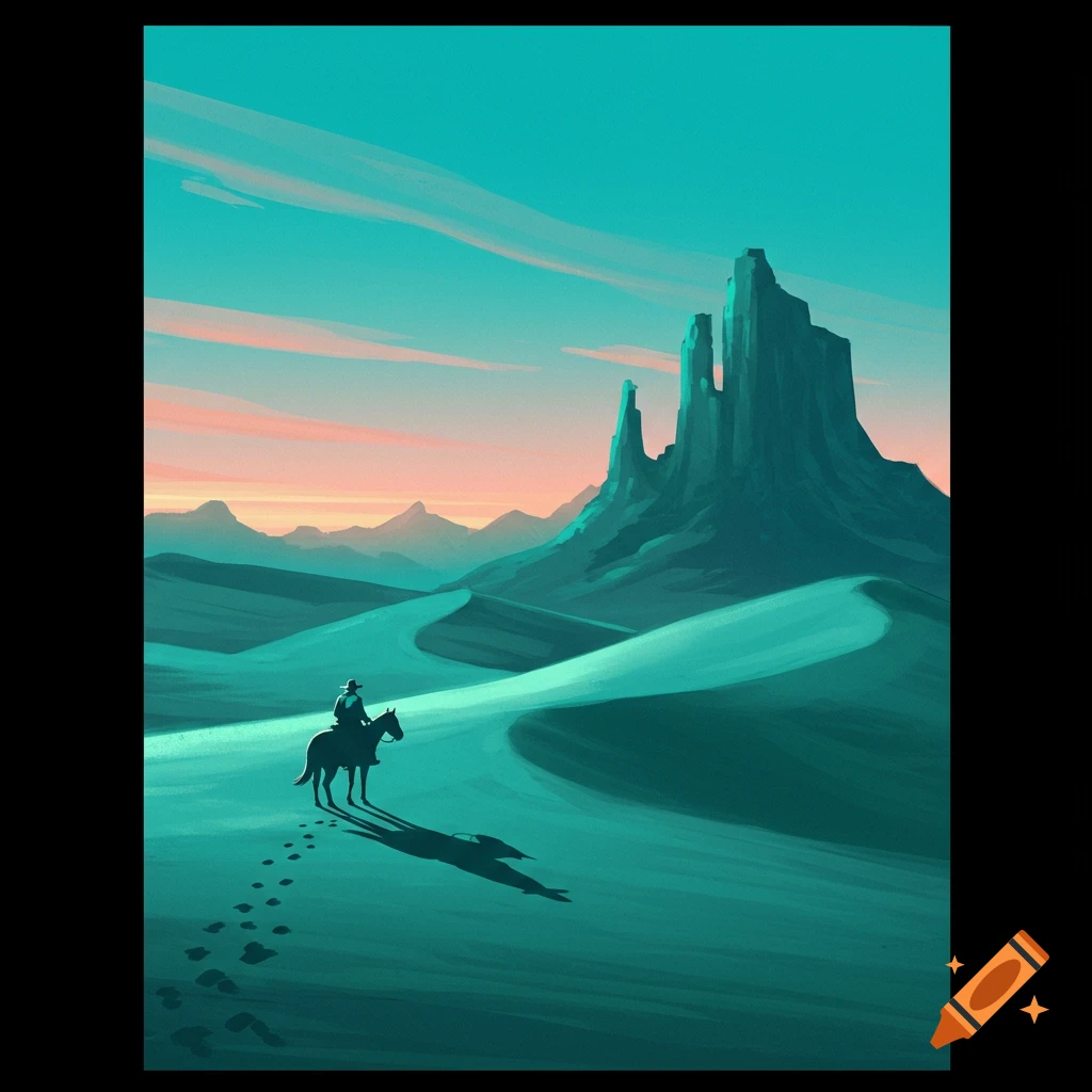A stylized teal western landscape featuring a cowboy on horseback against large rock formations under a sunset sky.