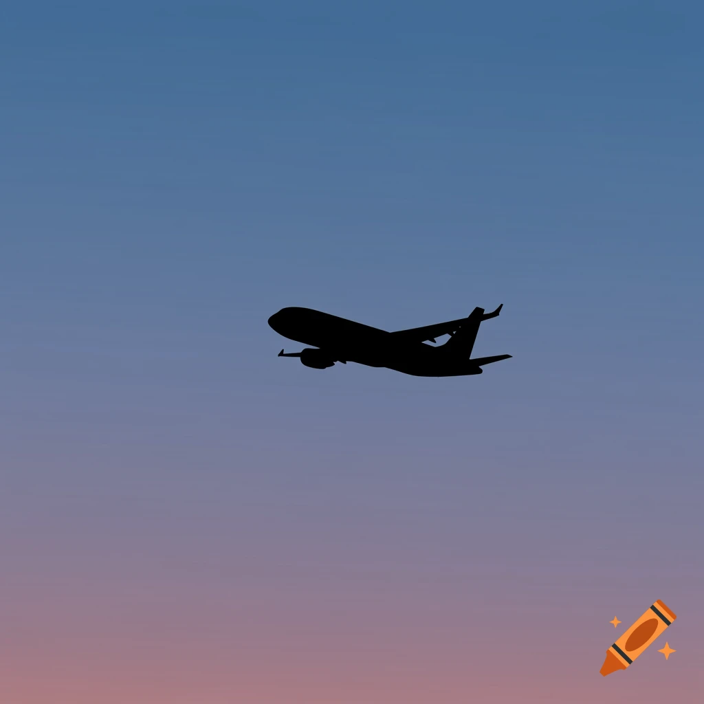 A black silhouette of an airplane flying against a blue and pink gradient sky.