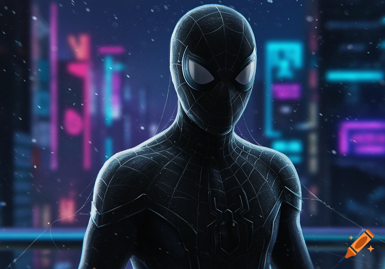 A detailed illustration of a character in a dark, textured black spider suit standing in a rainy city at night with blurred neon lights.