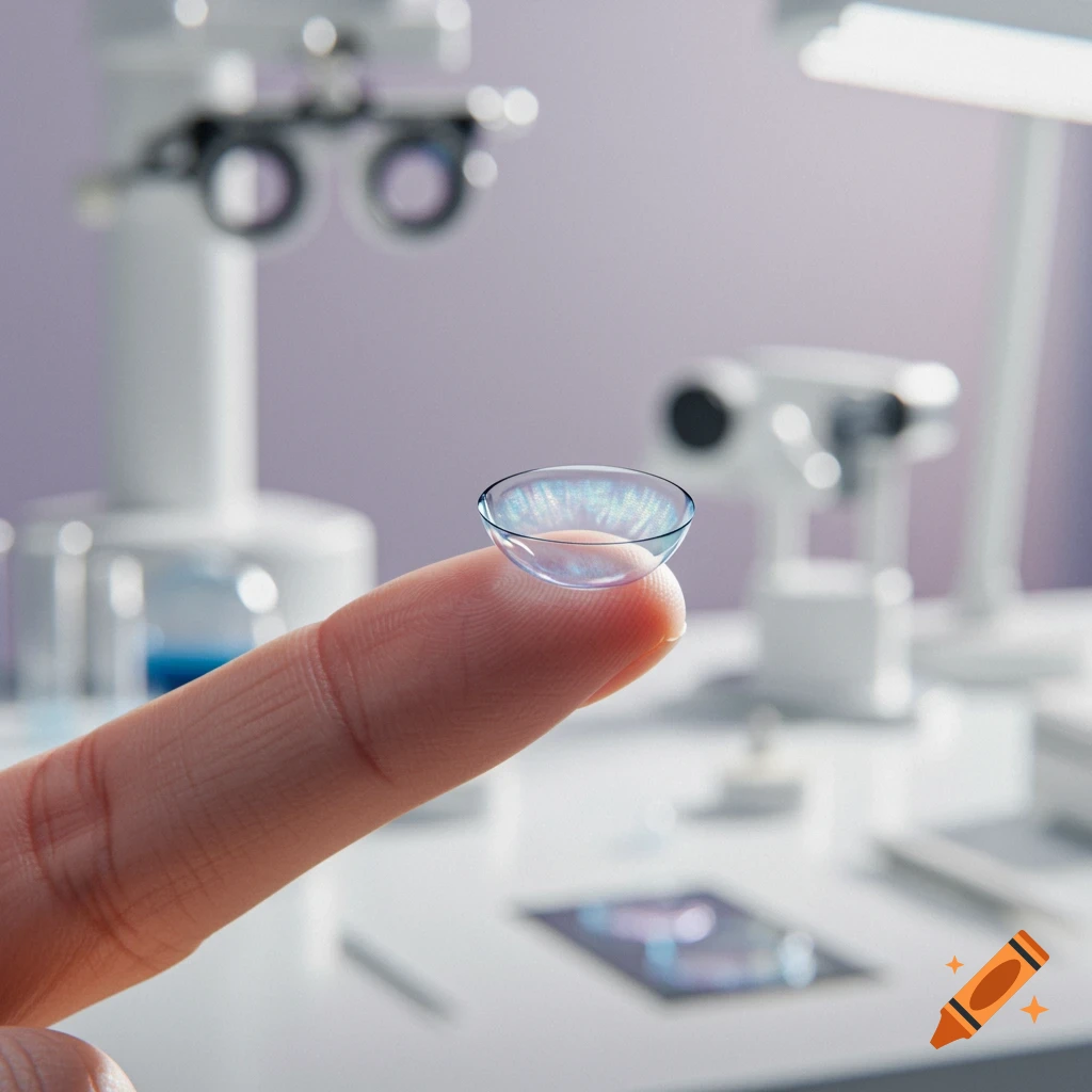 A finger holds a clear contact lens, with blurred optometry equipment in the background.