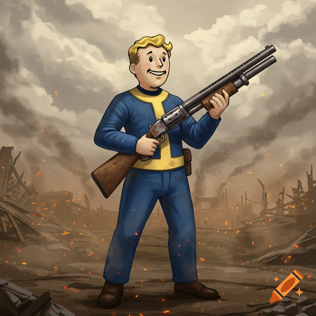 Vault Boy from Fallout holds a shotgun in a post-apocalyptic, smoky wasteland.