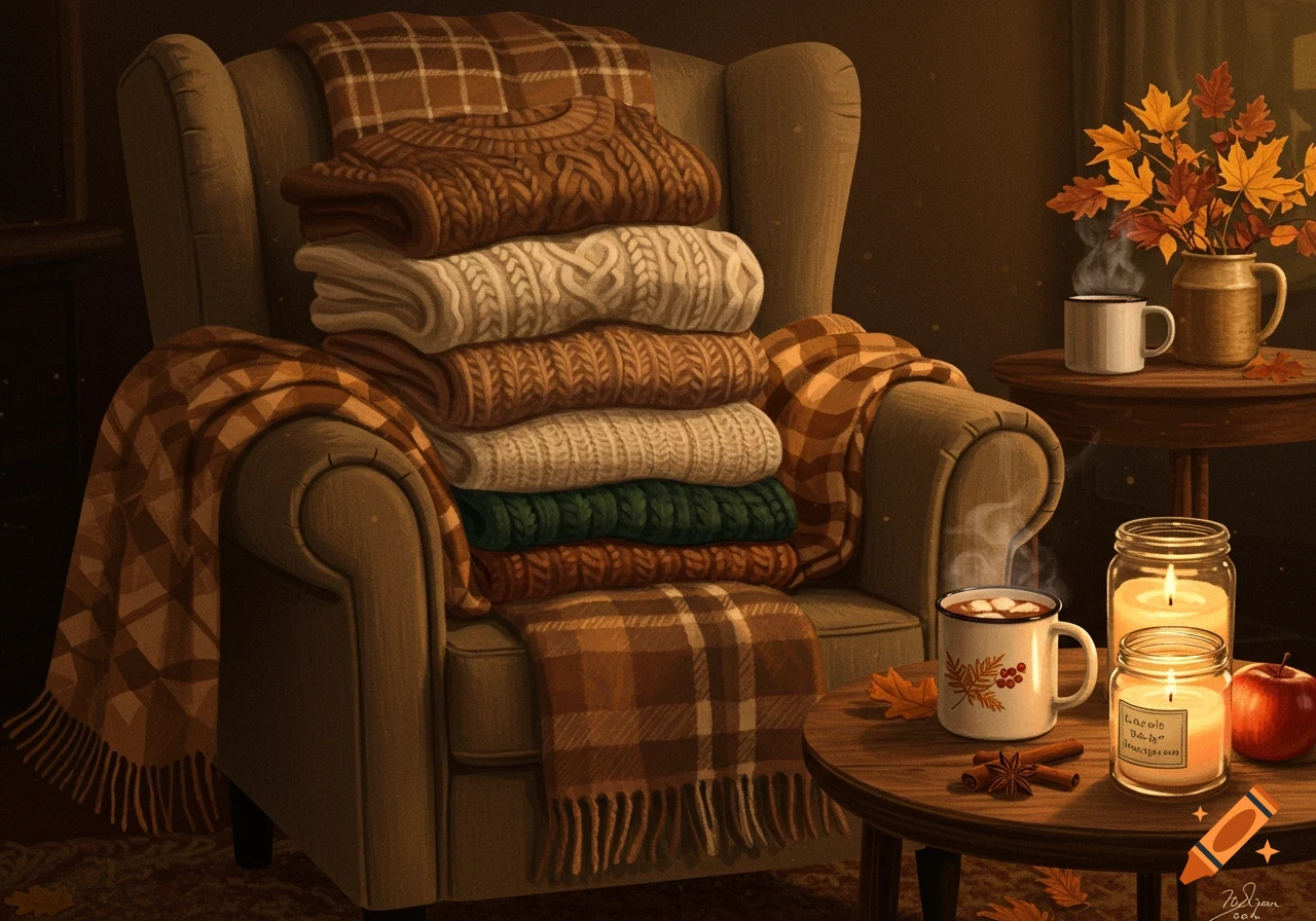 A cozy autumn scene with an armchair, stacked sweaters, a plaid blanket, lit candles, and mugs with steaming drinks on wooden tables.